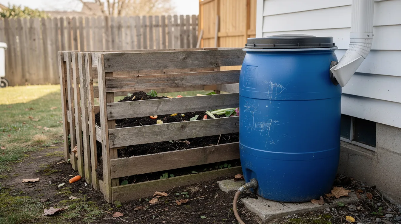 The image shows a backyard compost bin constructed from wooden pallets, situated next to a rain barrel that collects water from a downspout. This setup promotes sustainable gardening practices, allowing for the growth of fresh vegetables and herbs while addressing food security and reducing grocery bills.