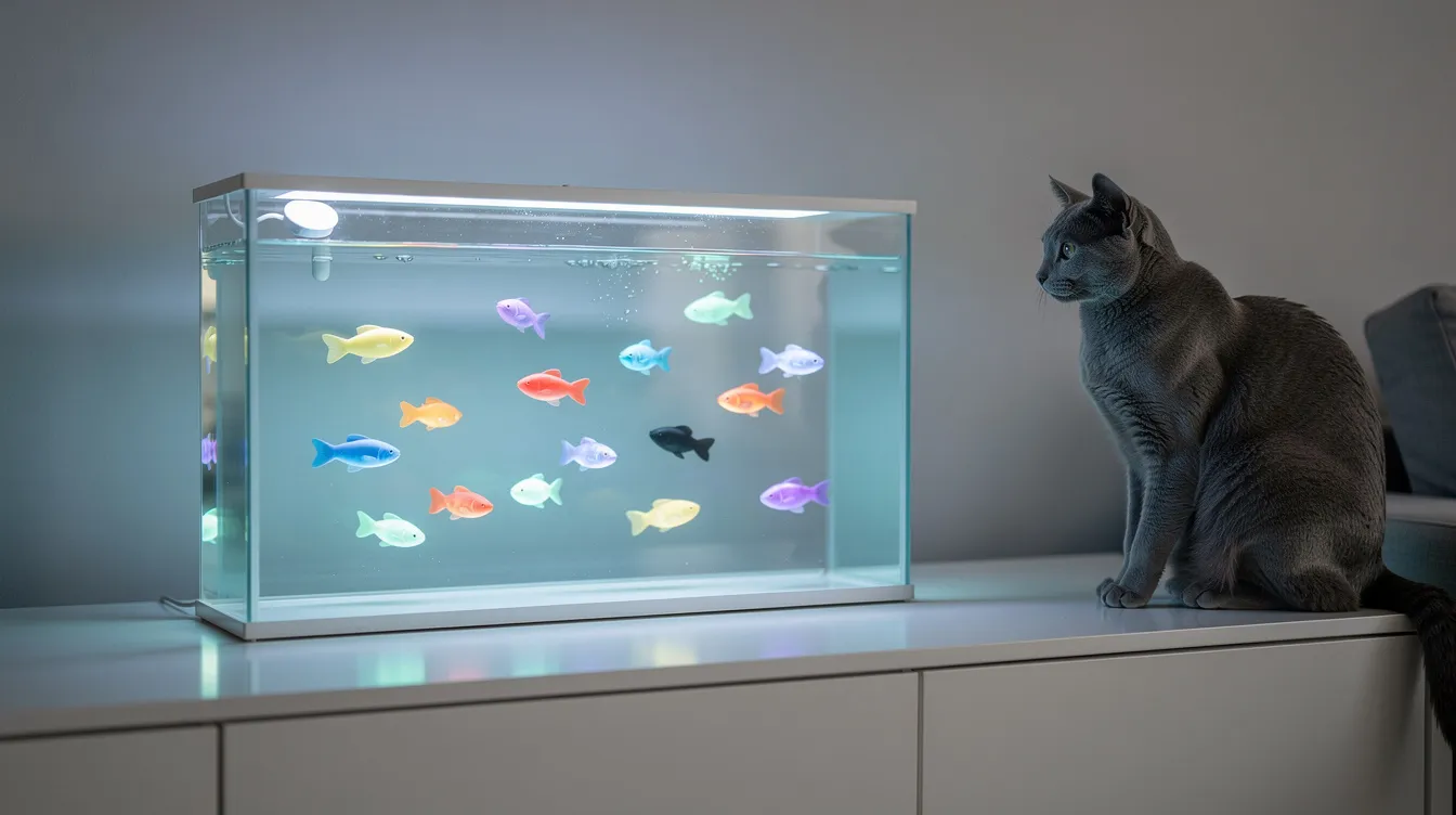 A sleek aquarium-style lamp featuring glowing LED fish sits on a modern white sideboard, while a curious cat watches intently, captivated by the enticing water toys. This electronic fish cat toy provides visual stimulation and helps keep indoor cats entertained, reducing boredom and adding a playful touch to home decor.