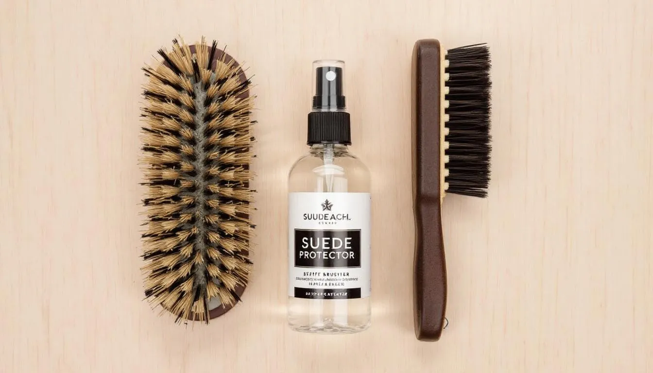 A collection of suede care tools, including specialized brushes and protector sprays, is neatly arranged on a clean surface, highlighting the importance of maintaining high-quality suede leather items like watch straps. These tools are essential for preserving the luxurious feel and durability of suede watch bands.