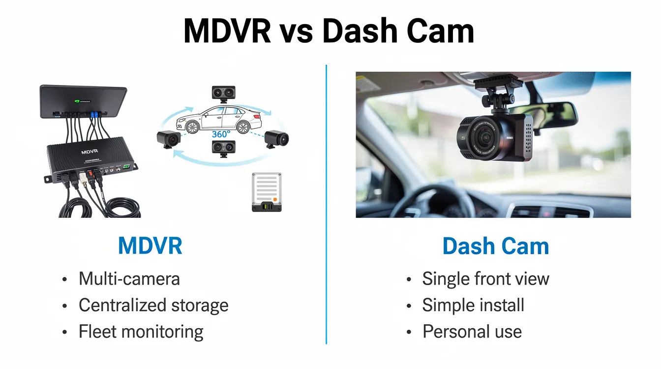MDVR vs Dash Cam: The image illustrates the comparison between a mobile digital video recorder (MDVR) and a dash cam, highlighting key differences such as the presence of multiple external cameras and advanced driver assistance systems in MDVRs, which are tailored for larger commercial vehicles. In contrast, dash cams are typically compact, designed for smaller vehicles, and focus on recording video footage for insurance claims and driver monitoring.