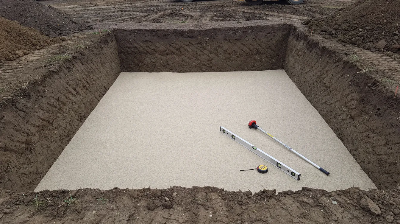 L'image montre un chantier de terrassement avec un lit de sable soigneusement nivelé au fond d'une excavation rectangulaire, accompagné d'outils de mesure de niveau. Cette scène illustre les préparatifs nécessaires pour l'installation d'une cuve enterrée destinée à la récupération d'eau de pluie, soulignant l'importance des précautions à prendre lors de ce type de projet.