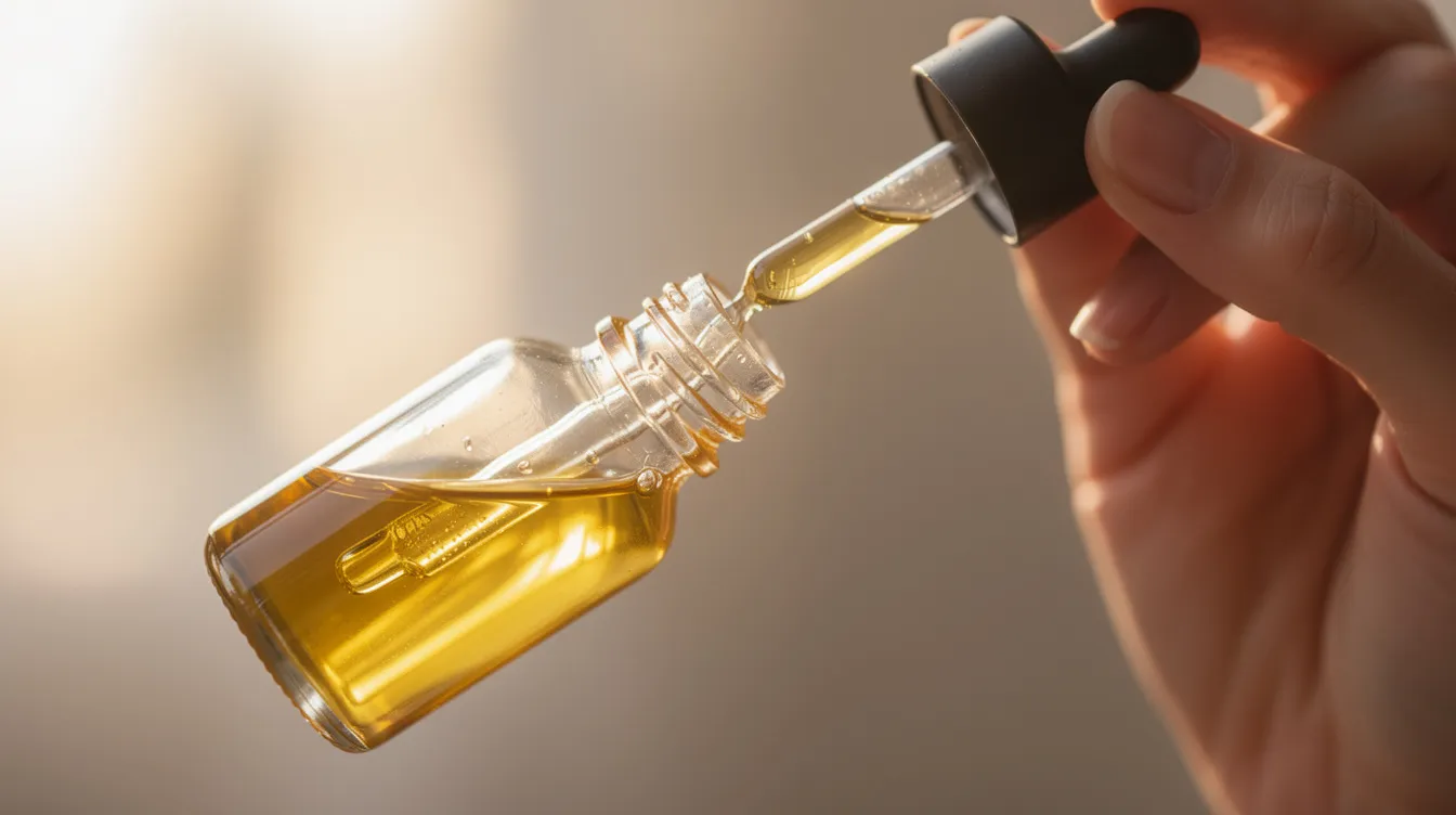 The image shows a close-up of a person holding a small dropper bottle filled with golden oil, illuminated by natural light. This could represent CBD oil, which is often associated with discussions around drug tests and the potential for a positive test result due to trace amounts of THC.