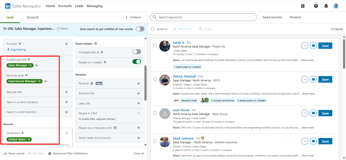 Sales Navigator search with static filters applied for Sales Manager in Boston