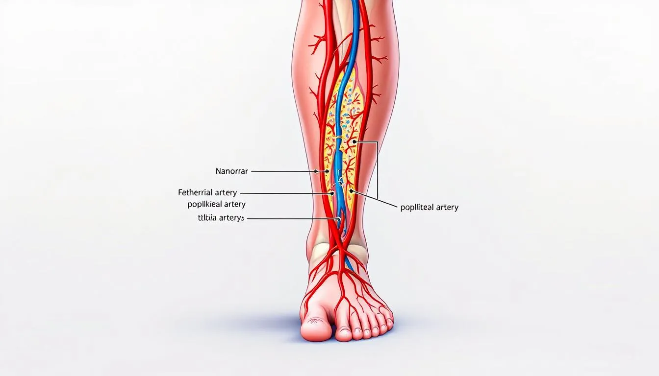 An illustration depicting the effects of peripheral artery disease (PAD) shows narrowed blood vessels in the legs, indicating reduced blood flow and potential plaque buildup. The image highlights symptoms such as leg pain and the risk factors associated with this cardiovascular condition, emphasizing the importance of diagnosis and treatment options to improve blood supply to the affected limbs.