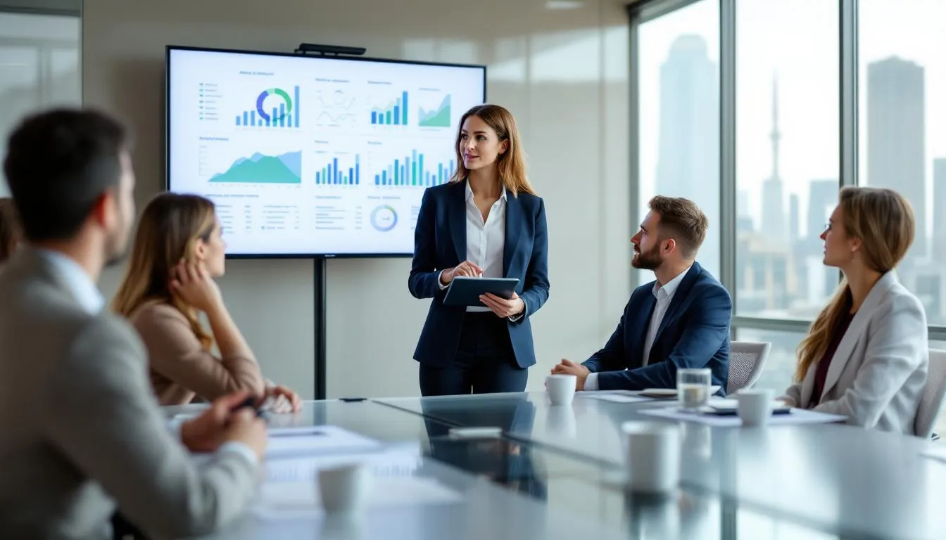 Eine Beraterin präsentiert einen ESG-Implementierungsplan vor der Unternehmensführung, wobei sie die wichtigsten Kriterien für Umwelt, Soziales und Unternehmensführung hervorhebt. Der Fokus liegt auf der Bedeutung nachhaltiger Strategien für zukünftige Investitionen und die Verantwortung des Unternehmens in Bezug auf Nachhaltigkeit.