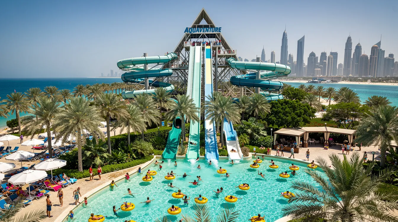 Imagem do parque aquático Aquaventure, localizado em Dubai, nos Emirados Árabes Unidos, com toboáguas emocionantes e uma vasta área de lazer. Ao fundo, é possível ver a icônica estrutura do Atlantis The Palm e o azul intenso das águas do Golfo Pérsico, criando um cenário perfeito para diversão e aventura.