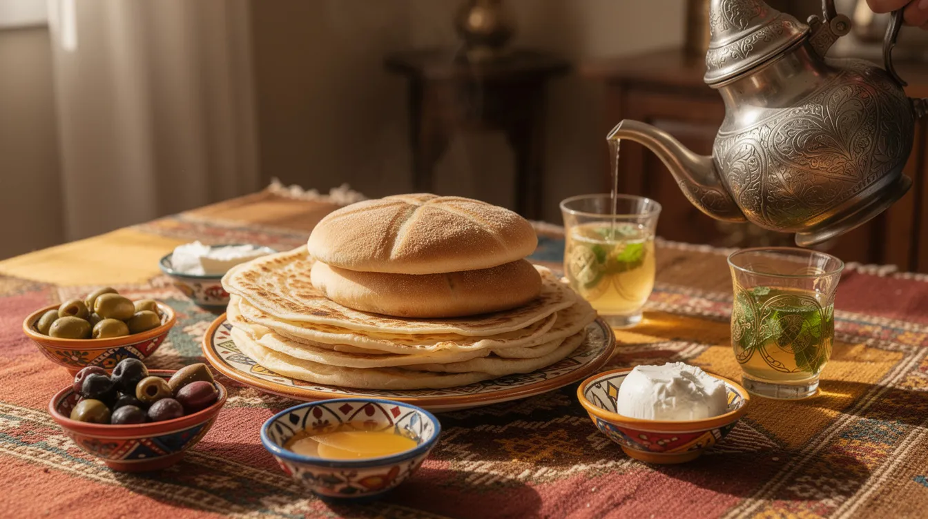 The image depicts a traditional Moroccan breakfast table featuring freshly baked Moroccan bread, olives, honey, cheese, and steaming hot mint tea. This delicious Moroccan breakfast showcases a variety of flavors and textures, inviting you to experience the rich culinary heritage of Morocco.
