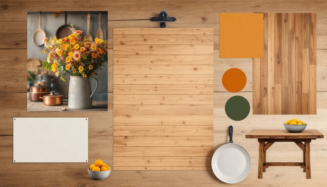 A mood board for an oak frame kitchen project, displaying various design elements and color palettes.