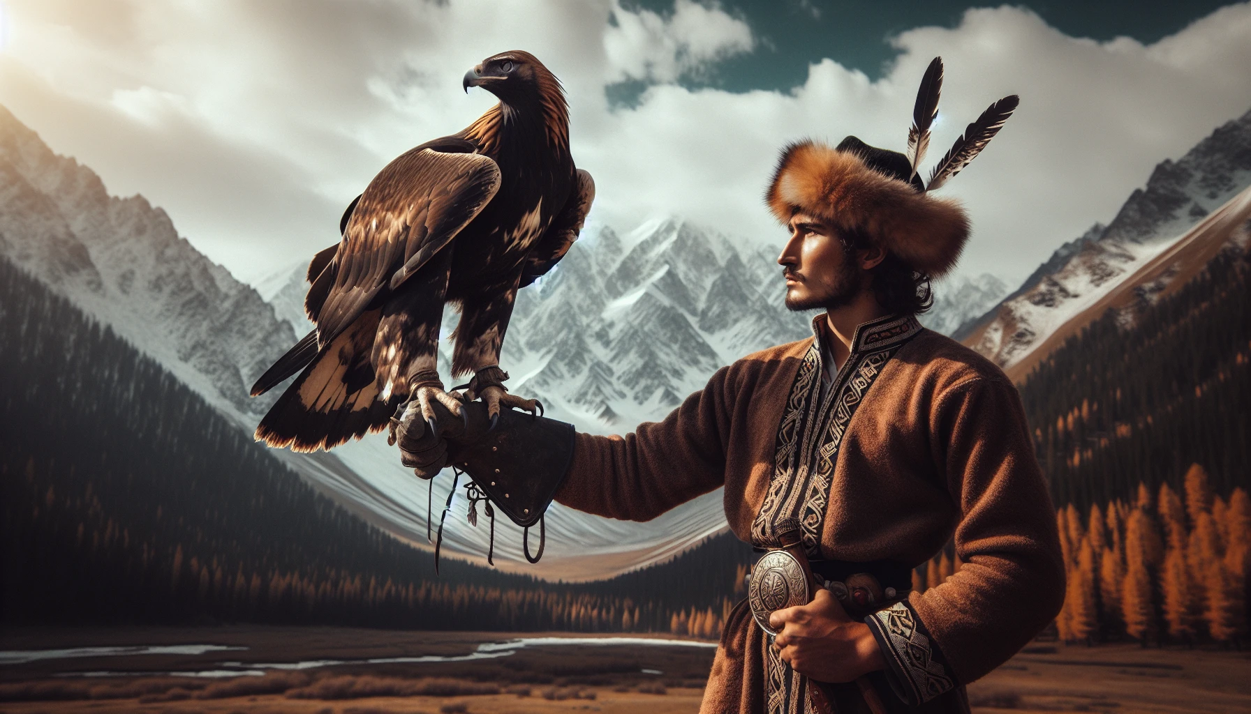 A majestic golden eagle perched on the arm of a Kazakh eagle hunter in the Altai Mountains