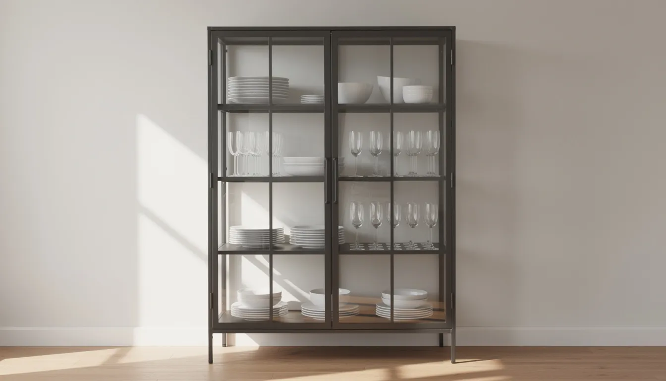 Een industriële vitrinekast met een zwart metalen frame en glazen deuren, gevuld met servies en wijnglazen, staat in een moderne eetkamer. De kast biedt een mooi zicht op de items en creëert een stijlvolle sfeer voor etentjes met vrienden en familie.