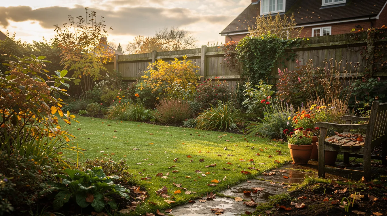 The image depicts a lush green UK garden in autumn, showcasing a large lawn with vibrant grass and a variety of colorful plants and flowers. The scene reflects the importance of regular lawn care and maintenance, emphasizing the need for nutrients and proper watering to achieve a greener lawn.
