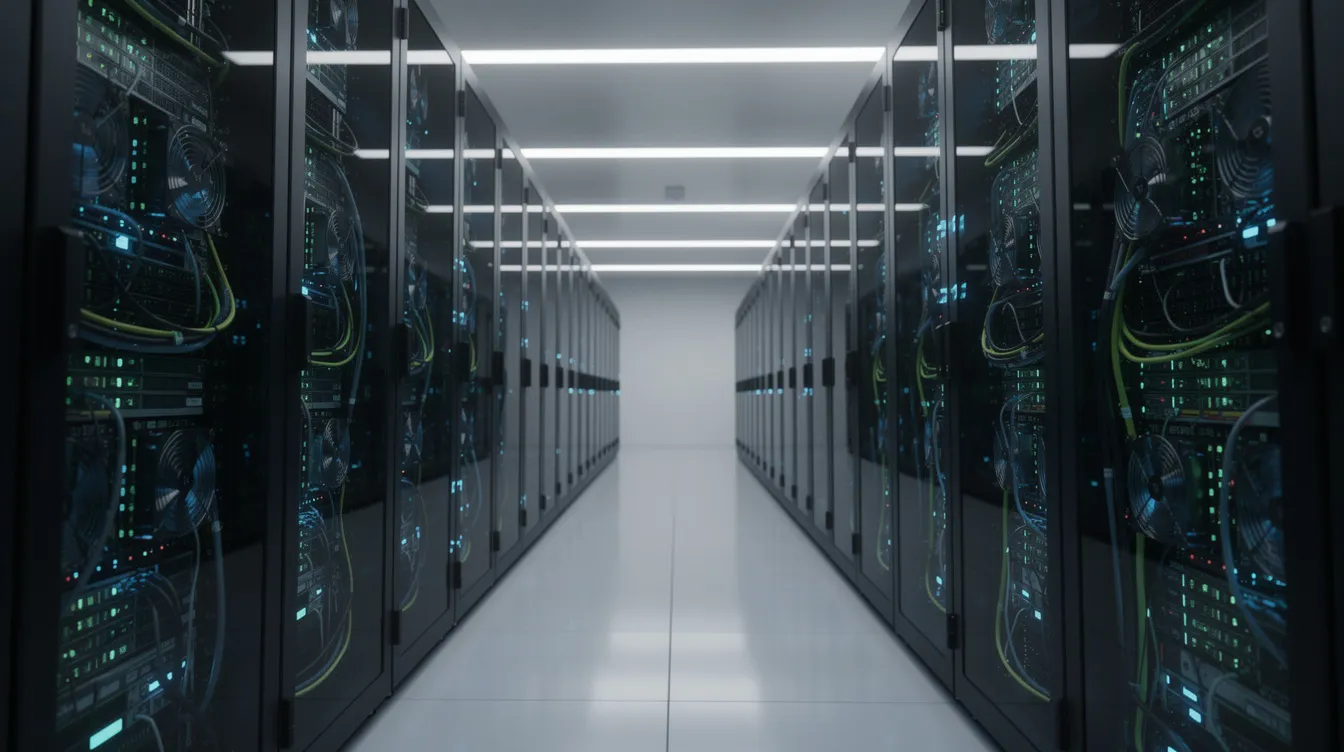 The image depicts a modern data center filled with rows of servers, all featuring blinking green lights, indicating active data processing. This high-tech environment is essential for managing customer data and supporting various digital operations, crucial for effective cold email campaigns and outreach strategies.