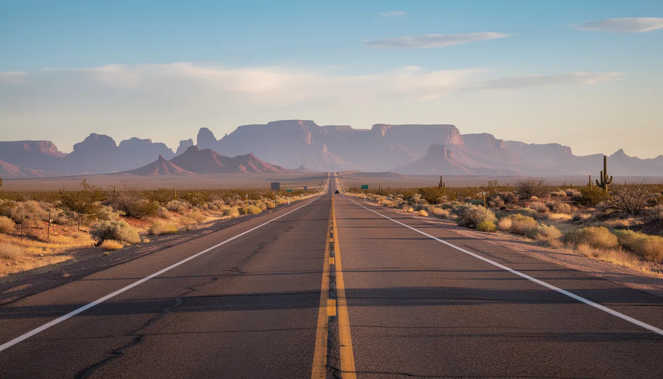 The image depicts a scenic highway winding through the New Mexico desert, with rugged mountains rising majestically in the background. This picturesque landscape highlights the vastness and beauty of the region, where the open road invites travelers to explore while considering the importance of having adequate motorist coverage for their journeys.