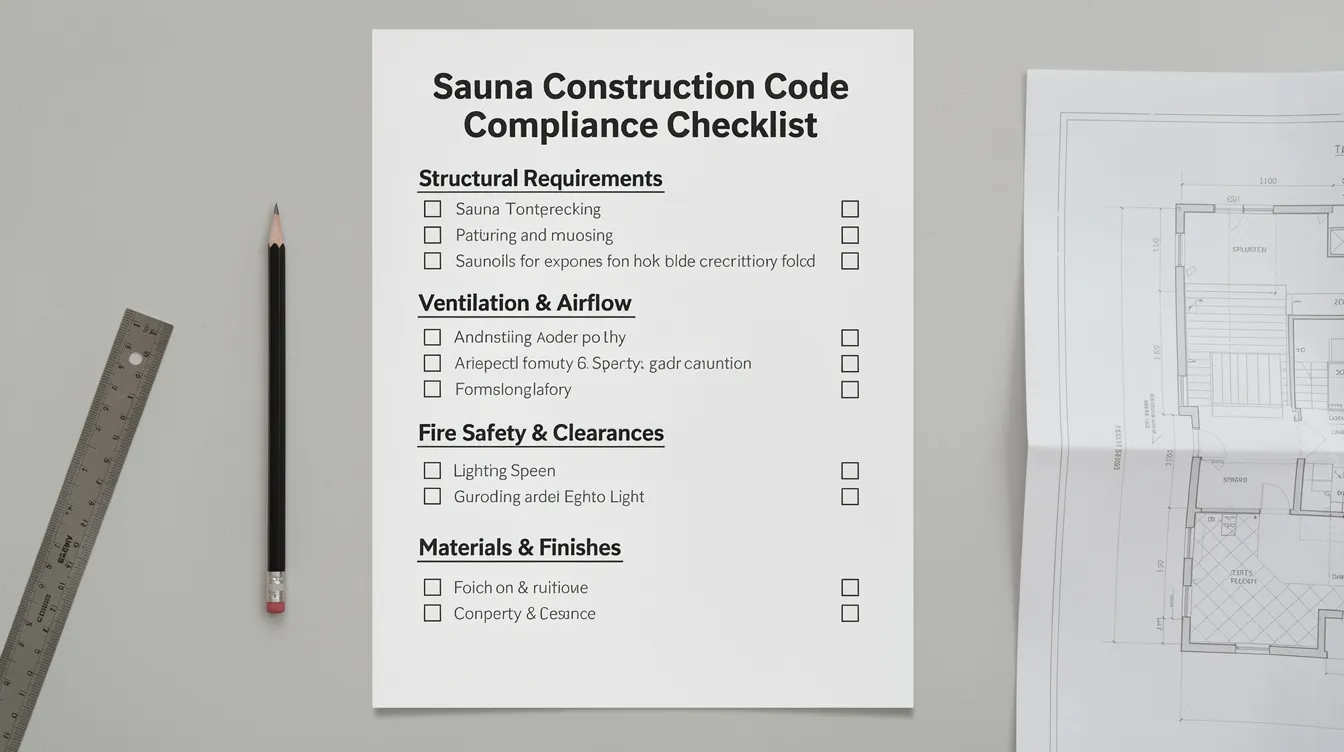 The image depicts a checklist document outlining code compliance requirements for sauna construction, emphasizing aspects such as proper insulation, energy efficiency, and moisture prevention. Key terms like "sauna insulation" and "heat retention" are highlighted, guiding sauna owners on how to ensure their outdoor sauna retains heat effectively while minimizing energy consumption.