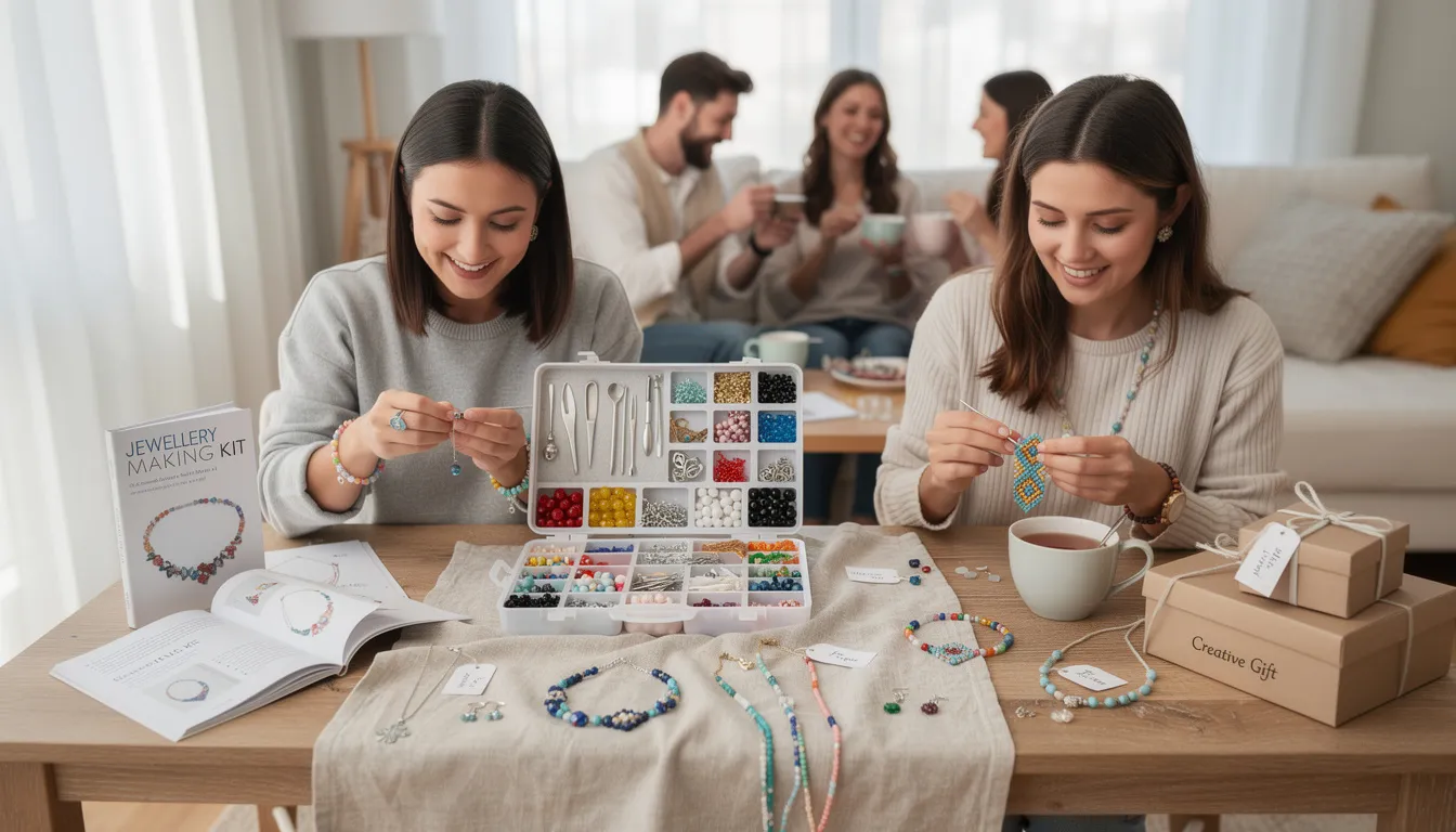 An image showcasing a variety of jewellery making kits, including beading kits, filled with high-quality beads, findings, and clear instructions. These craft kits are perfect for beginners and creative enthusiasts, offering everything you need to create beautiful handmade jewellery.