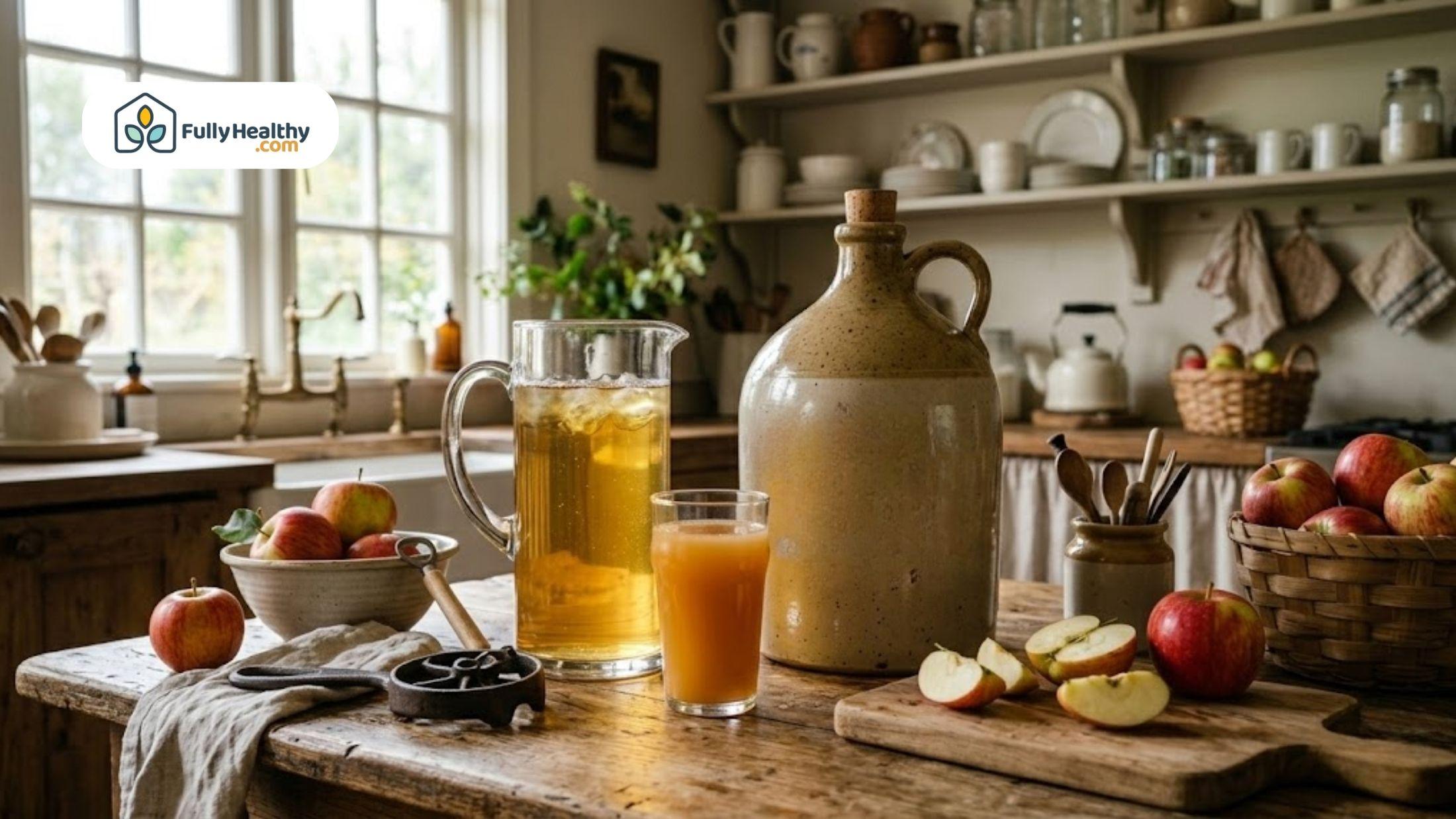Clear apple juice pitcher and traditional cloudy cider jug on a farmhouse kitchen table surrounded by fresh apples.