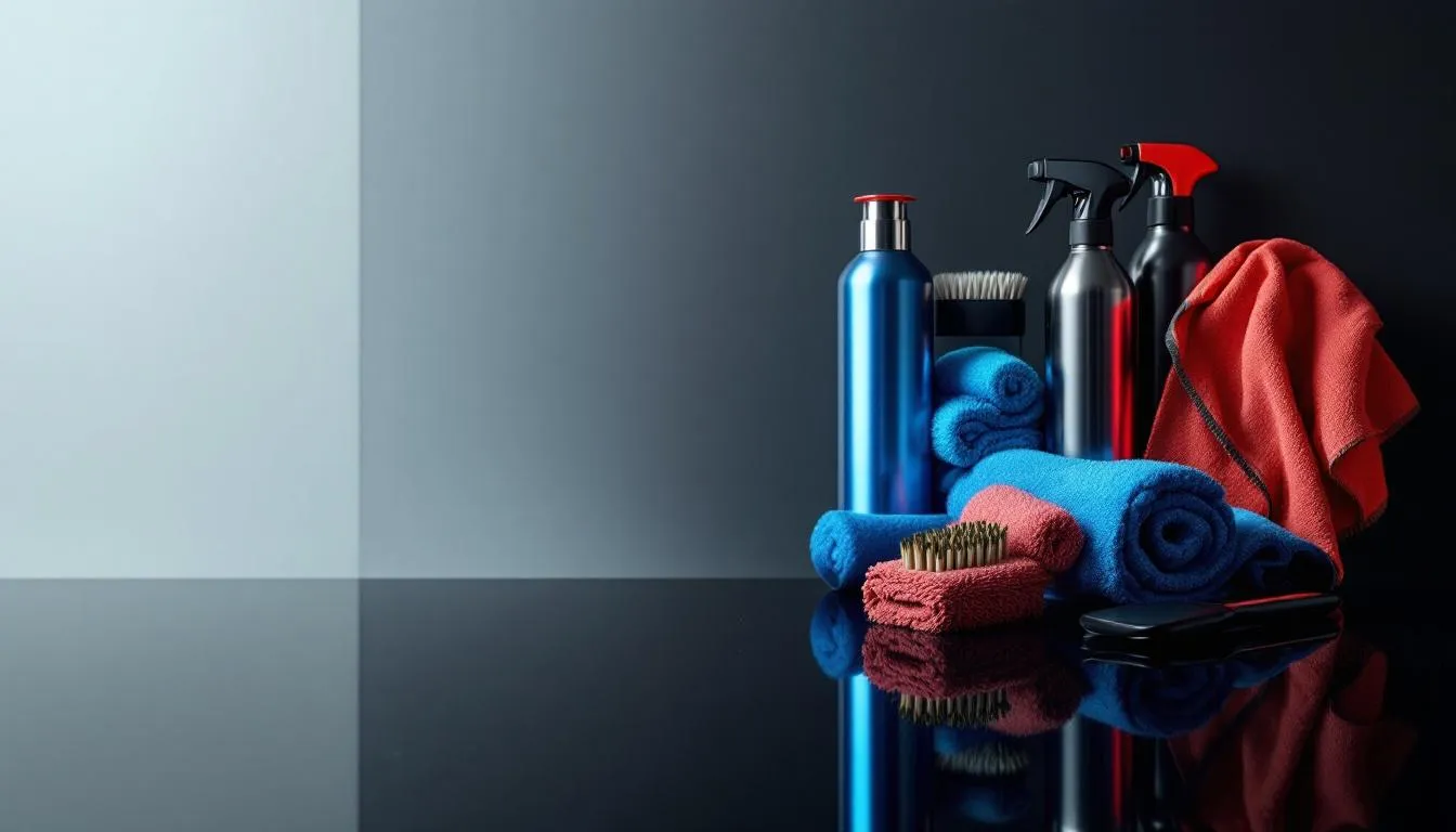 An assortment of quality car care products including microfiber towels and detailing supplies.