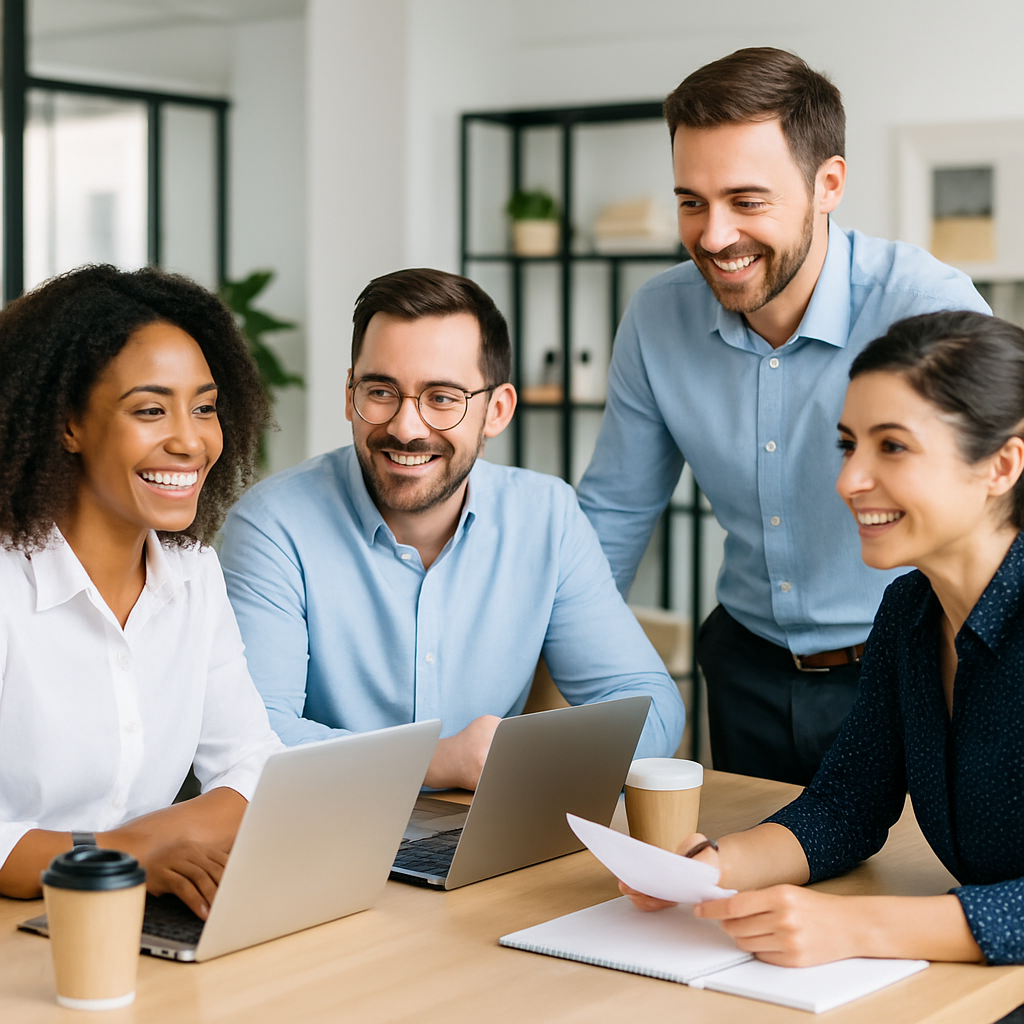 A smiling team meets in a modern workplace team meeting featuring direct reports collaborating in a supportive environment preventing organizational disruption.