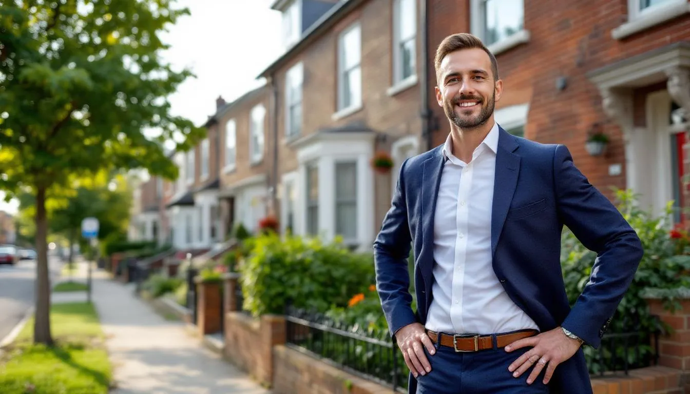 A confident small business owner stands in front of a well-maintained investment property, symbolizing success in commercial real estate. The image conveys the potential of using business credit and financing options to acquire valuable real estate investments.