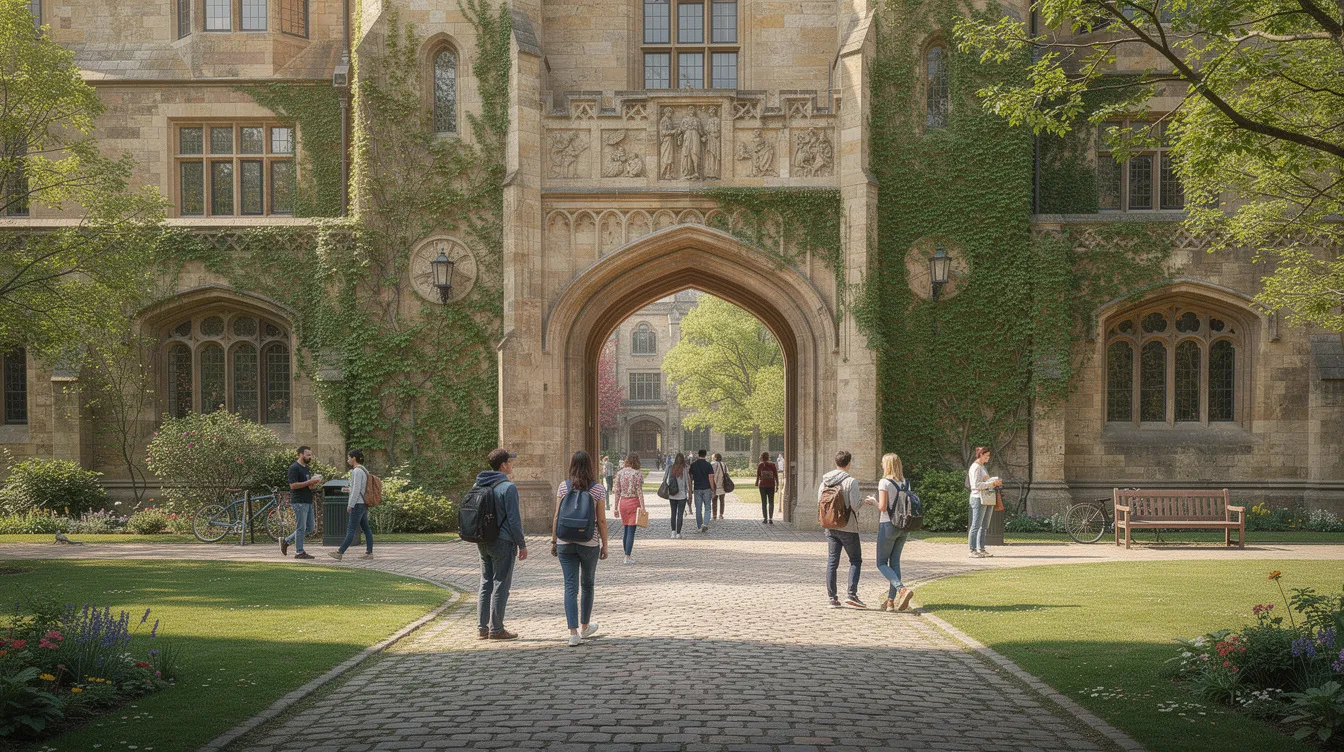 The image depicts a historic European university campus, showcasing students walking through elegant stone archways and lush green courtyards, symbolizing a rich cultural heritage and the vibrant life of international students. This setting reflects the opportunities for Bangladeshi students to pursue higher education in Italy, where numerous scholarships and financial aid options are available for those seeking a world-class education.