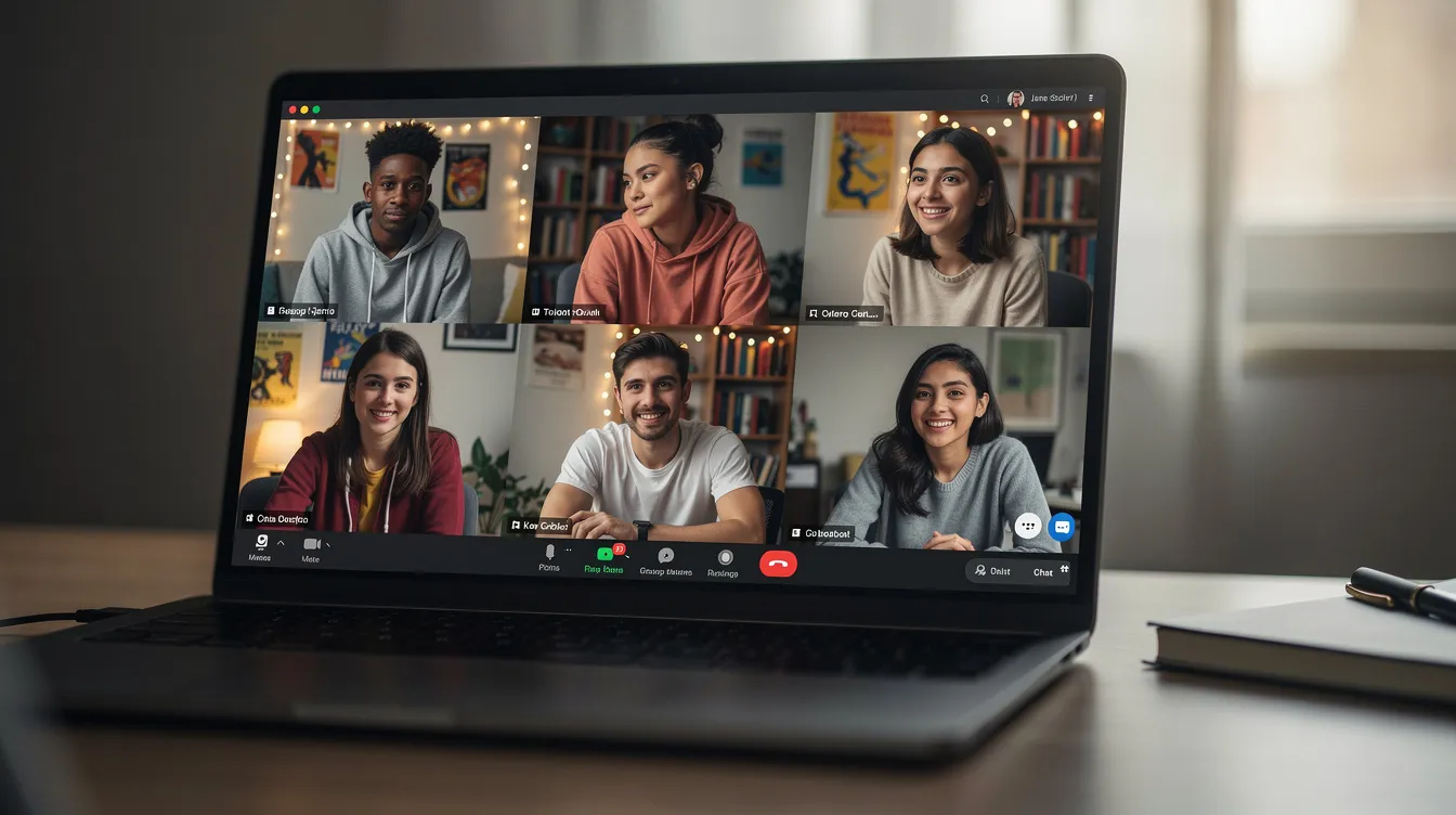 A group of diverse teenagers appears on a video call grid, engaged and supportive during an online therapy session, highlighting the importance of mental health care and connection in their mental health journey. Each participant offers encouragement, reflecting the effectiveness of virtual therapy in addressing personal challenges and fostering community support.