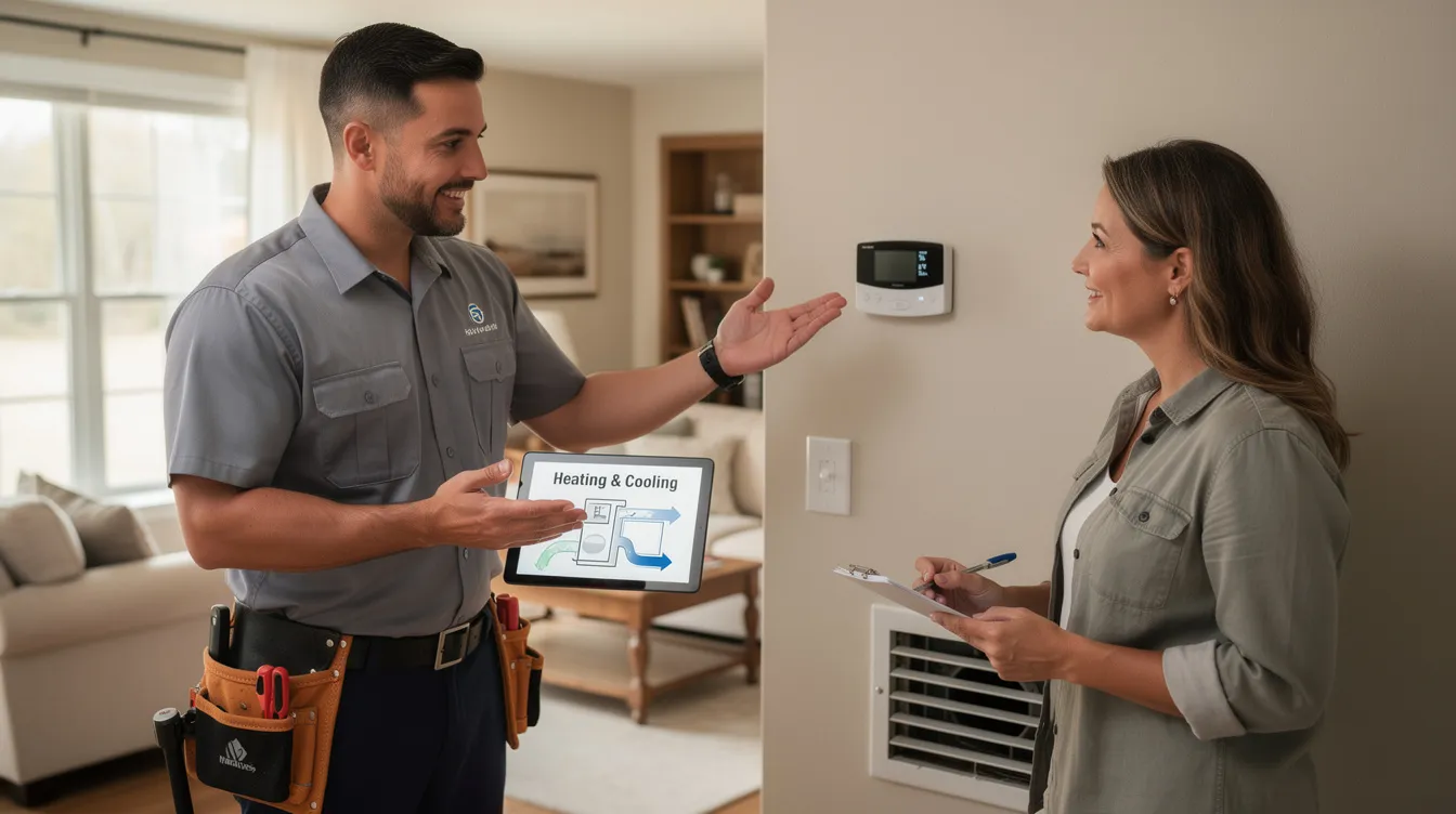 An HVAC technician is explaining the intricacies of a heating and cooling system to a homeowner in a cozy living room setting, emphasizing the importance of HVAC services for maintaining comfortable indoor temperatures. The scene highlights the technician's expertise, which is crucial for homeowners seeking reliable HVAC contractors to improve their home's energy efficiency and comfort.