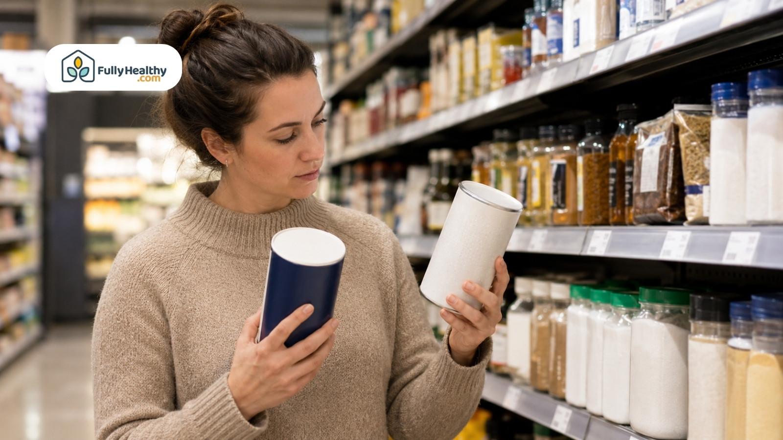 Shopper comparing salt containers while reading labels in grocery store seasoning aisle