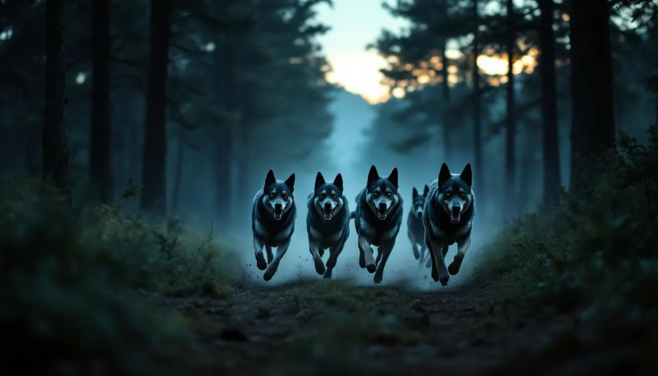 In the image, a pack of dogs with varying fur colors is energetically running through a lush green forest at dusk, showcasing their crepuscular hunting adaptation. The dim light enhances their ability to detect motion, highlighting their canine vision and low light vision capabilities as they navigate the shadows of the trees.