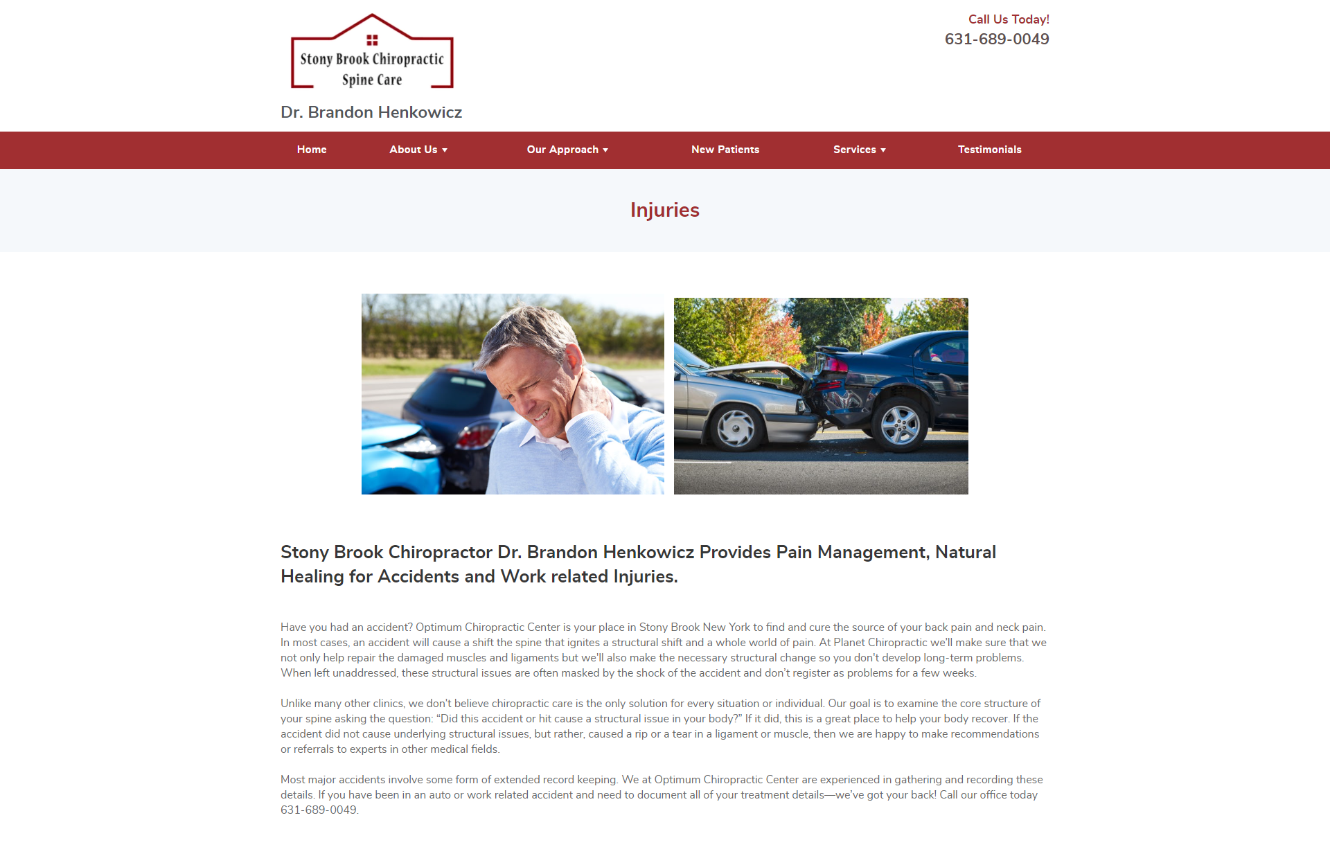 Stony Brook Chiropractic Spine Care services page focusing on injuries, with images of patients and a detailed description of pain management and natural healing.