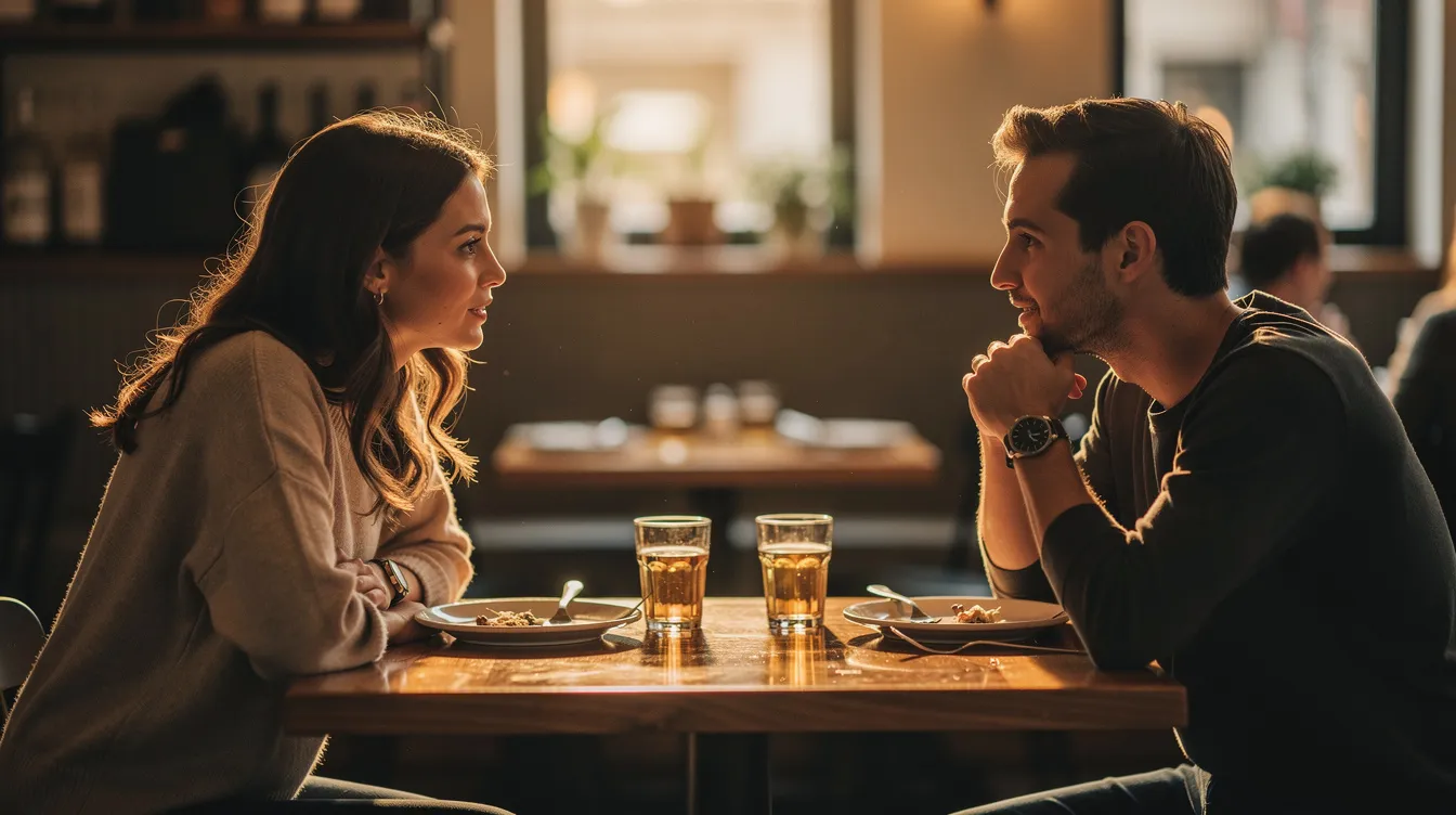 A couple is seated at a restaurant table, engaged in a calm and fascinating conversation that reflects their strong emotional intimacy and shared values. Their relaxed demeanor suggests a solid foundation for their long-term relationship, as they explore each other's worlds and discuss topics that matter to them.