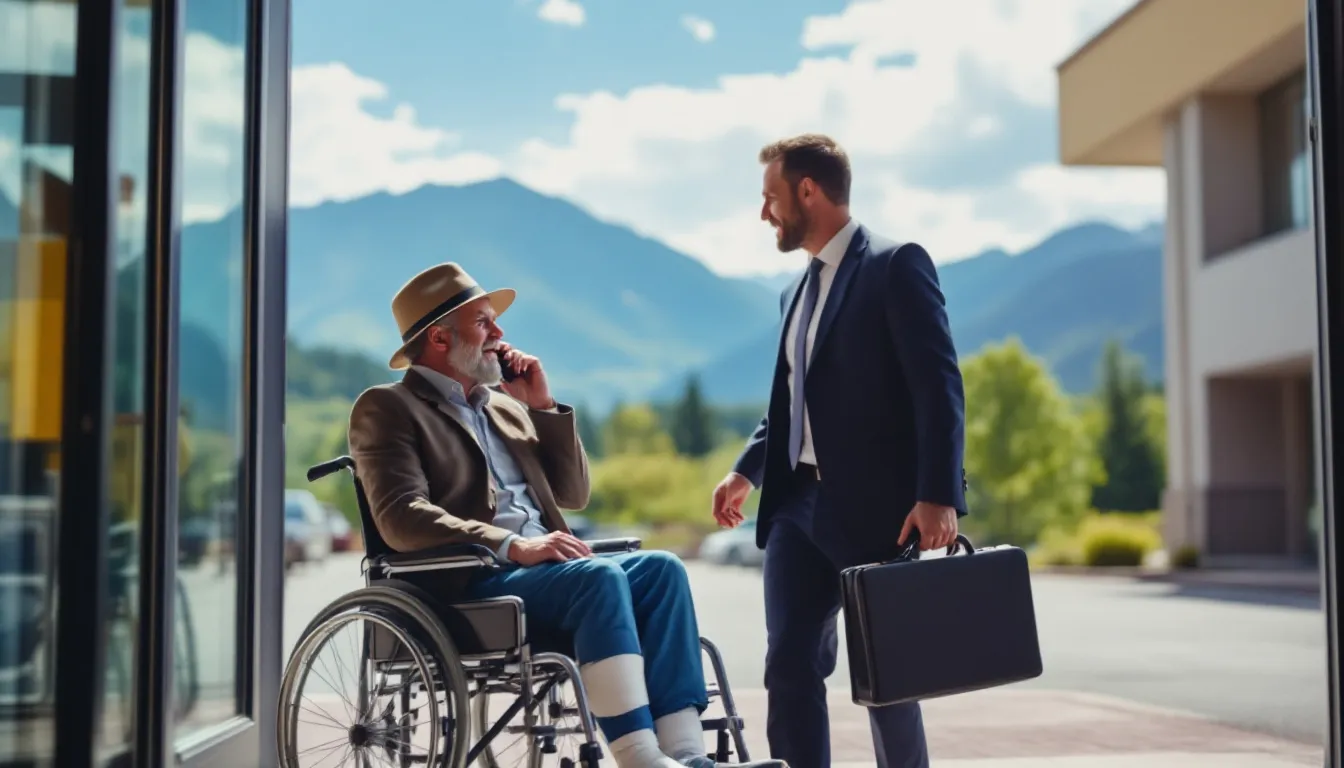 In a picturesque Colorado setting, a worker in a wheelchair, with a cast on his leg and wearing a hat, is leaving the hospital while talking on the phone. An attorney stands nearby, ready to assist him, highlighting the importance of legal support for injured workers navigating workers compensation claims.