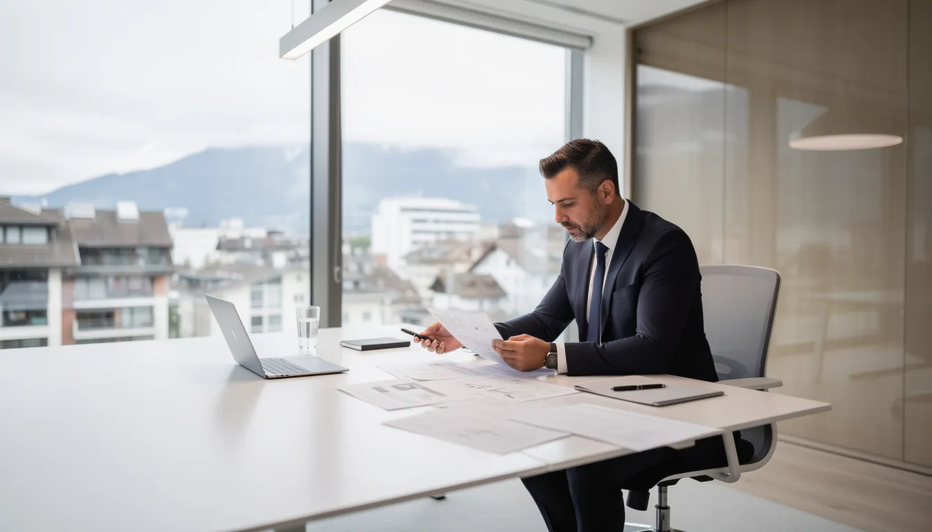 Ein Geschäftsmann sitzt an einem modernen Schreibtisch in einem Schweizer Büro und überprüft Dokumente. Der Einsatz von KI-Technologien und -Tools spielt eine zentrale Rolle in den Prozessen und Strategien von Schweizer KMU, um Effizienzsteigerungen und Chancen im Arbeitsalltag zu nutzen.