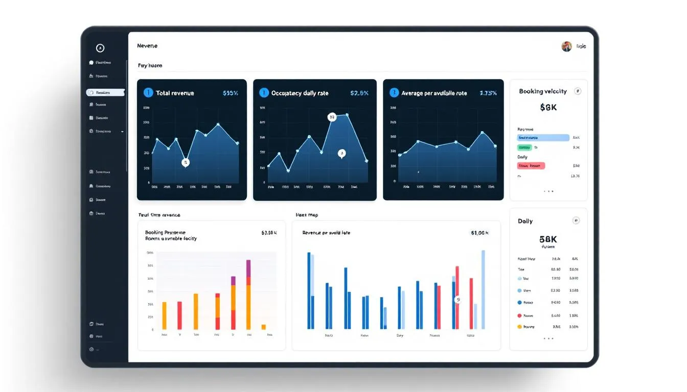 The image depicts a revenue analytics dashboard featuring various performance graphs and key metrics designed for hotel dynamic pricing optimization. It showcases insights into booking patterns, market trends, and competitor pricing, essential for revenue managers to adapt pricing strategies and maximize revenue in the hospitality industry.