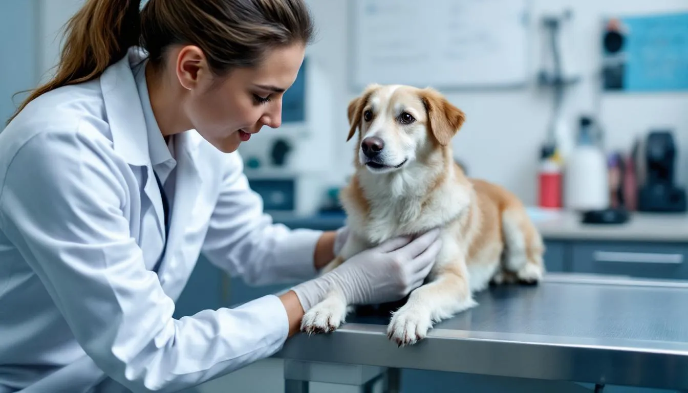A veterinarian is examining a healthy medium-sized dog during a consultation focused on managing allergy symptoms, discussing options like benadryl dosage for dogs to alleviate allergic reactions. The vet is providing guidance on the correct dosage based on the dog