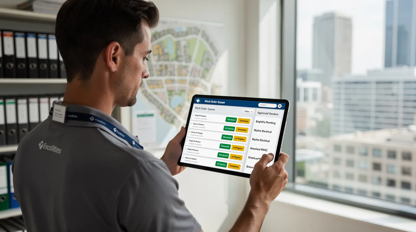 An individual from a property operations team is using a tablet to assess a digital work order queue, which displays the statuses of various approved vendors and their job assignments. This effective vendor management process is crucial for maintaining operational efficiency and enhancing service delivery within property management.