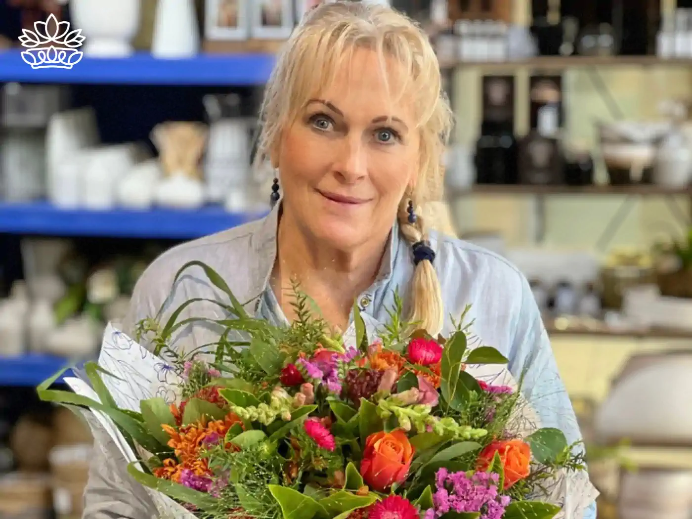 Florist presenting a vibrant bouquet with a warm smile, a bespoke creation from Fabulous Flowers and Gifts.
