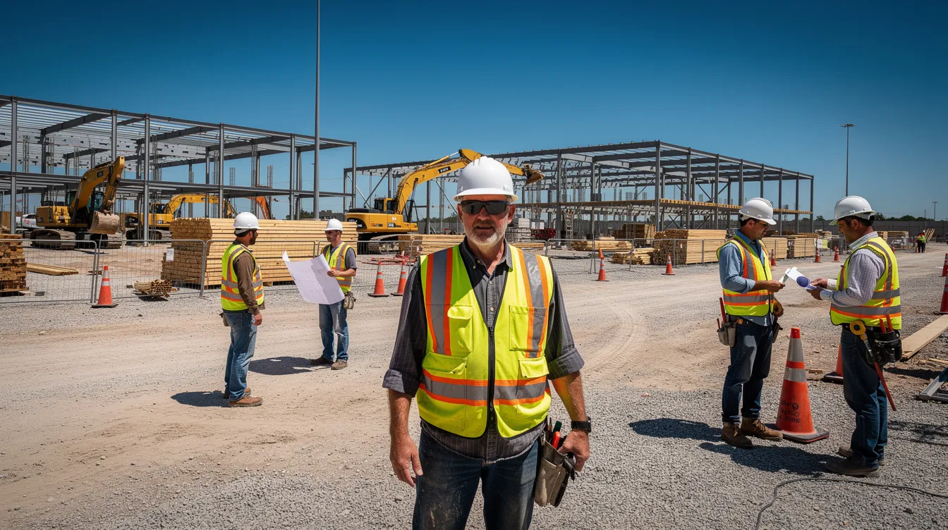 A group of construction workers is seen on a sunny job site, wearing hard hats and high-visibility vests while taking necessary precautions against heat stress. They are likely following safety protocols to monitor their core body temperature and ensure adequate hydration during the high temperatures of the day.