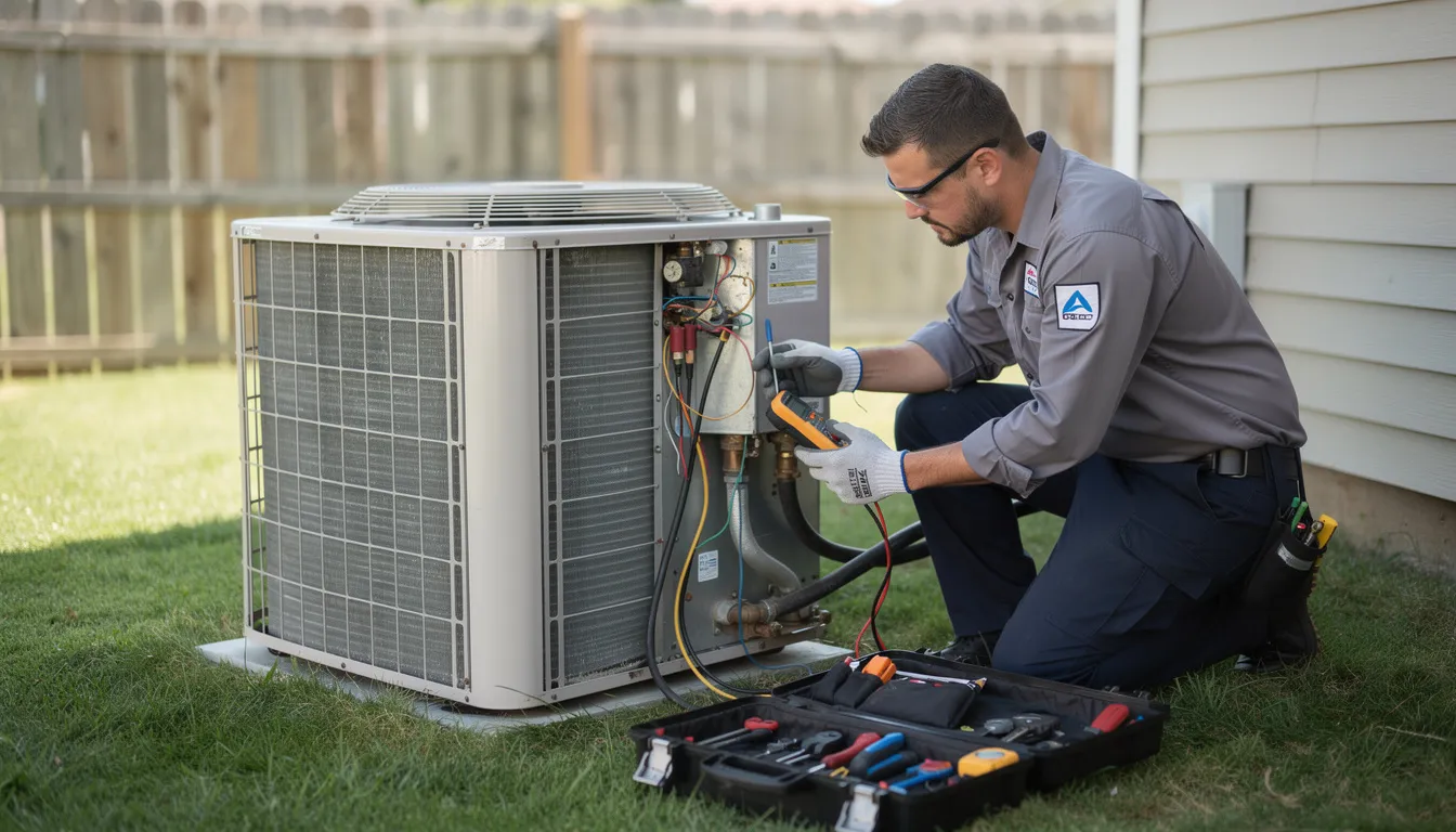 An HVAC technician is seen performing routine maintenance on an air conditioning unit, ensuring optimal performance for rental properties. This essential task helps property managers maintain tenant satisfaction and adhere to property management best practices.