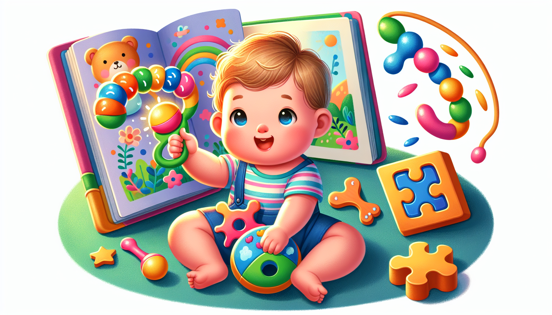 Illustration of a baby engaged in developmental activities