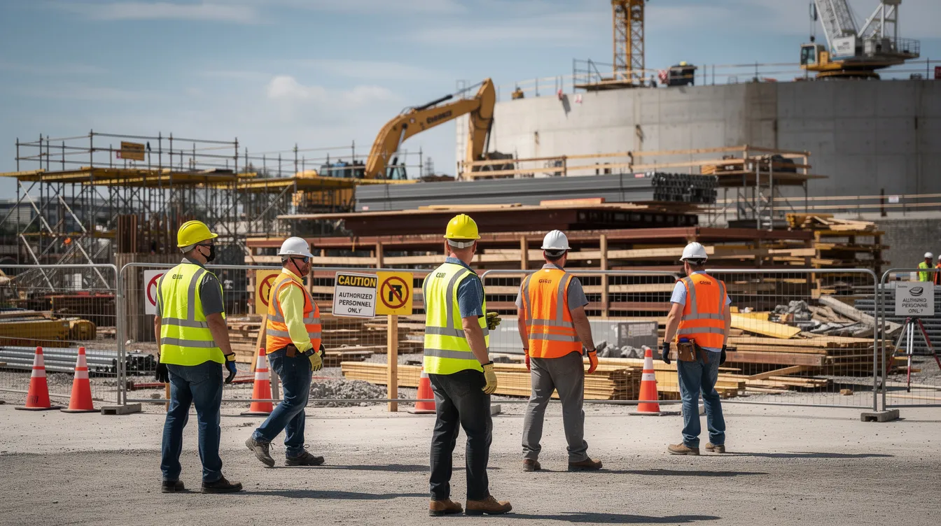 A group of construction workers wearing high-visibility vests and hard hats are actively engaged on a construction site, surrounded by safety barriers and various equipment. This scene highlights the importance of construction technology and teamwork in ensuring safety and efficiency in the industry.
