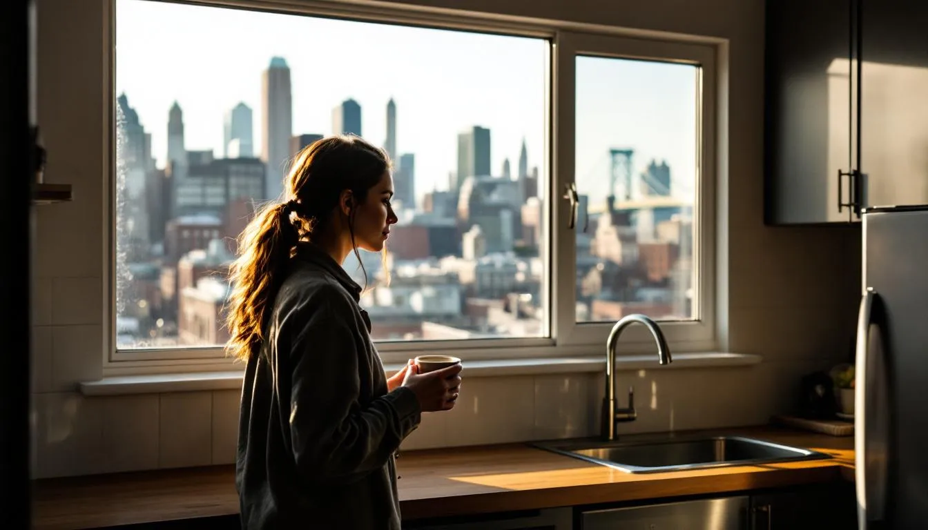 In a sunlit Brooklyn Heights kitchen, a woman stands by the counter with a coffee mug, gazing toward a closed door, embodying a sense of emotional distance and isolation. The classic NYC skyline visible through the window adds to the quiet mood, reflecting a moment of introspection in her personal relationships.
