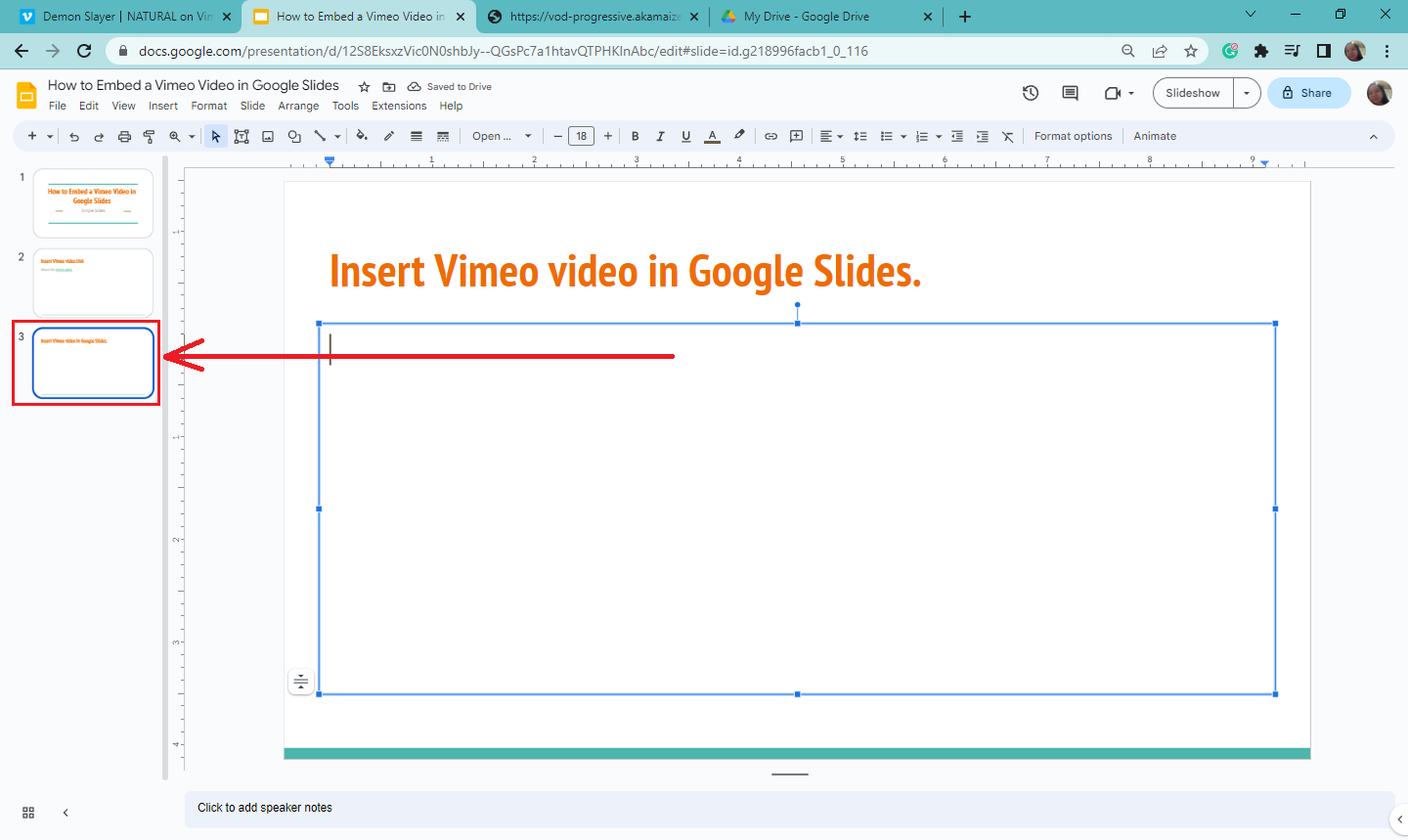 Select a slide where you want to embed video in Google Slides.