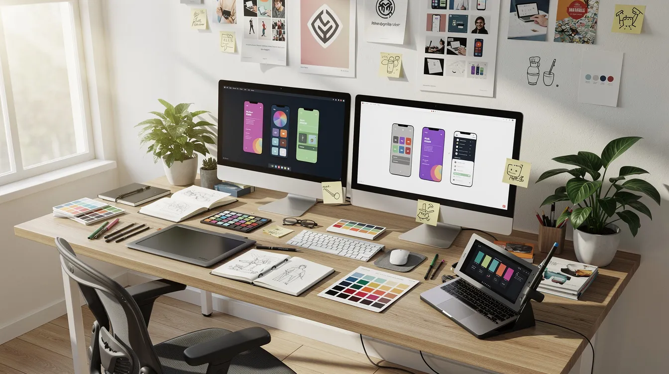 The image depicts a vibrant creative studio workspace filled with computers, design equipment, and colorful decor, showcasing an environment conducive to effective marketing strategies and digital marketing initiatives. This bright space reflects the energy and innovation needed for a marketing team to drive business growth and achieve their goals.