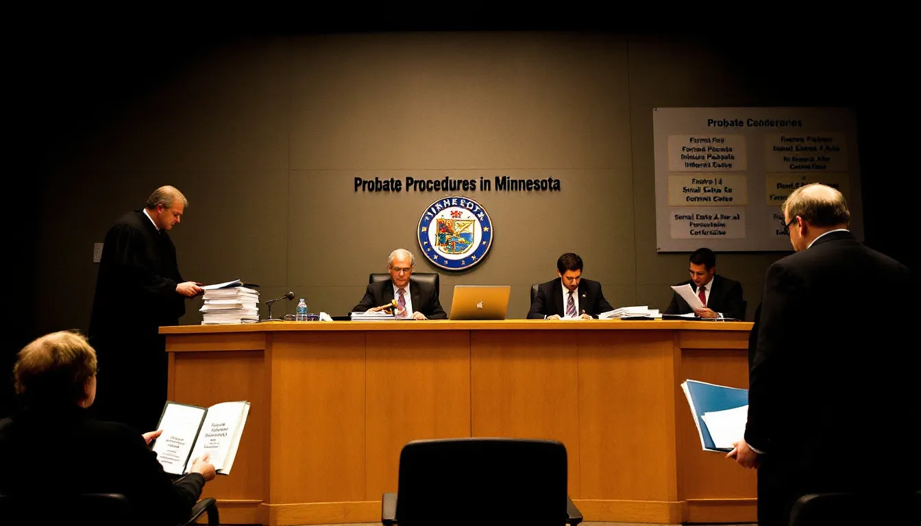 In this image, various types of probate procedures in Minnesota are depicted using legal symbols, highlighting the roles of personal representatives and the probate court in managing the decedent's estate. The illustration emphasizes both formal and informal probate processes under Minnesota law, showcasing the complexities of asset distribution and the legal documents involved.