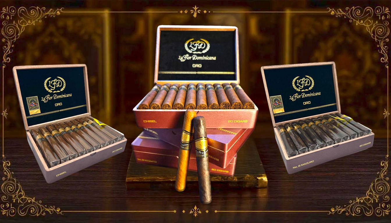 An overview of La Flor Dominicana Oro Line with blurred boxes in the background.