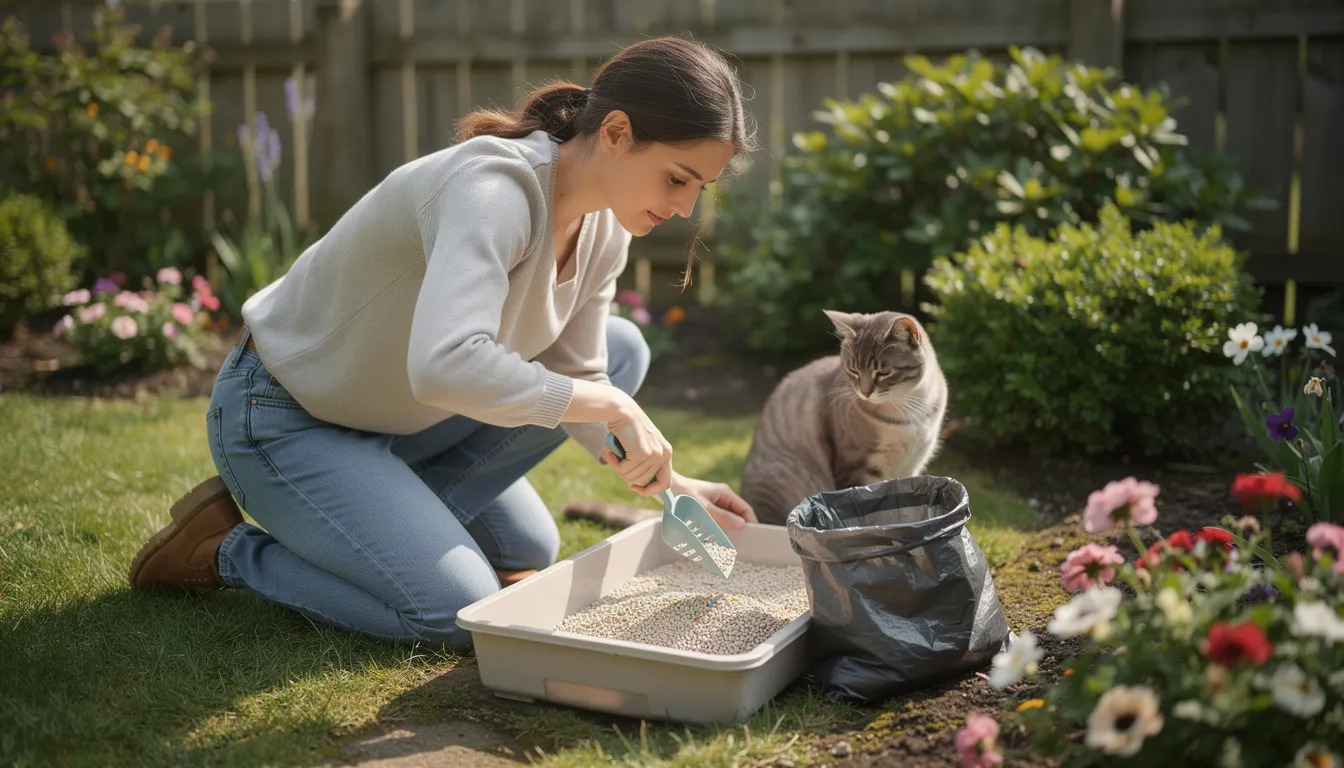 Een persoon staat in de tuin en maakt een kattenbak schoon met een schep, terwijl de kattenbak geschikt is voor buitengebruik en een stevige, waterdichte plastic kap heeft. De bak biedt voldoende ruimte voor grote kattenrassen en is ontworpen voor gebruiksgemak en eenvoud.