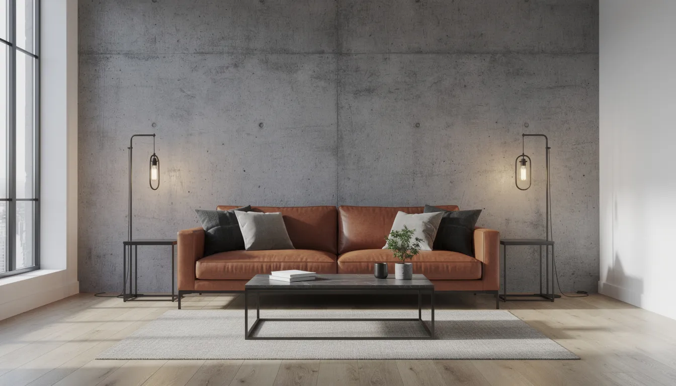 Een moderne woonkamer met een grijze betonlook accentwand die achter een leren bank is geplaatst, verlicht door industriële lampen. De betonlook wandpanelen geven de ruimte een stijlvolle make-over en creëren een gezellige uitstraling.