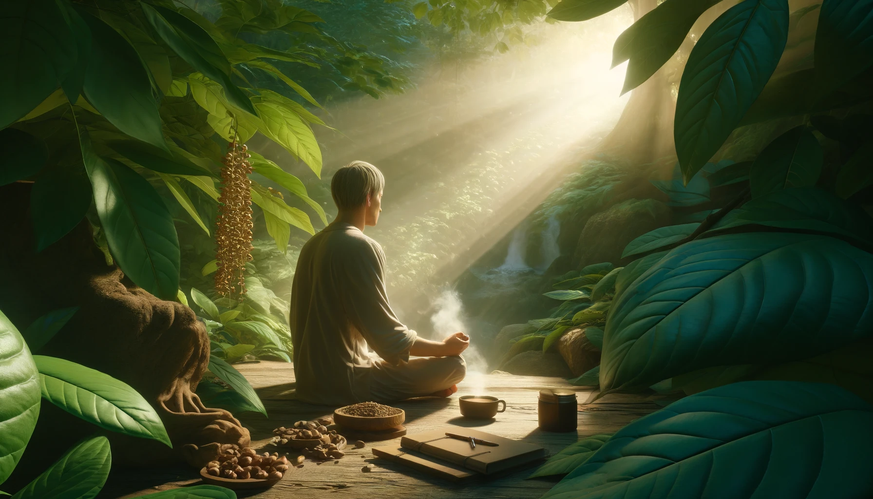 A hyper-realistic image depicting the therapeutic effects of kratom, illustrating a serene and peaceful atmosphere. The scene shows a person sitting in a relaxed pose in a beautiful natural environment, surrounded by lush green leaves. Soft sunlight filters through the foliage, casting gentle light on their calm face. The person holds a warm cup in one hand, symbolizing a soothing kratom tea. Nearby, there's a journal and a pen, representing mindfulness and reflection. The overall mood is tranquil, embodying relaxation and well-being.