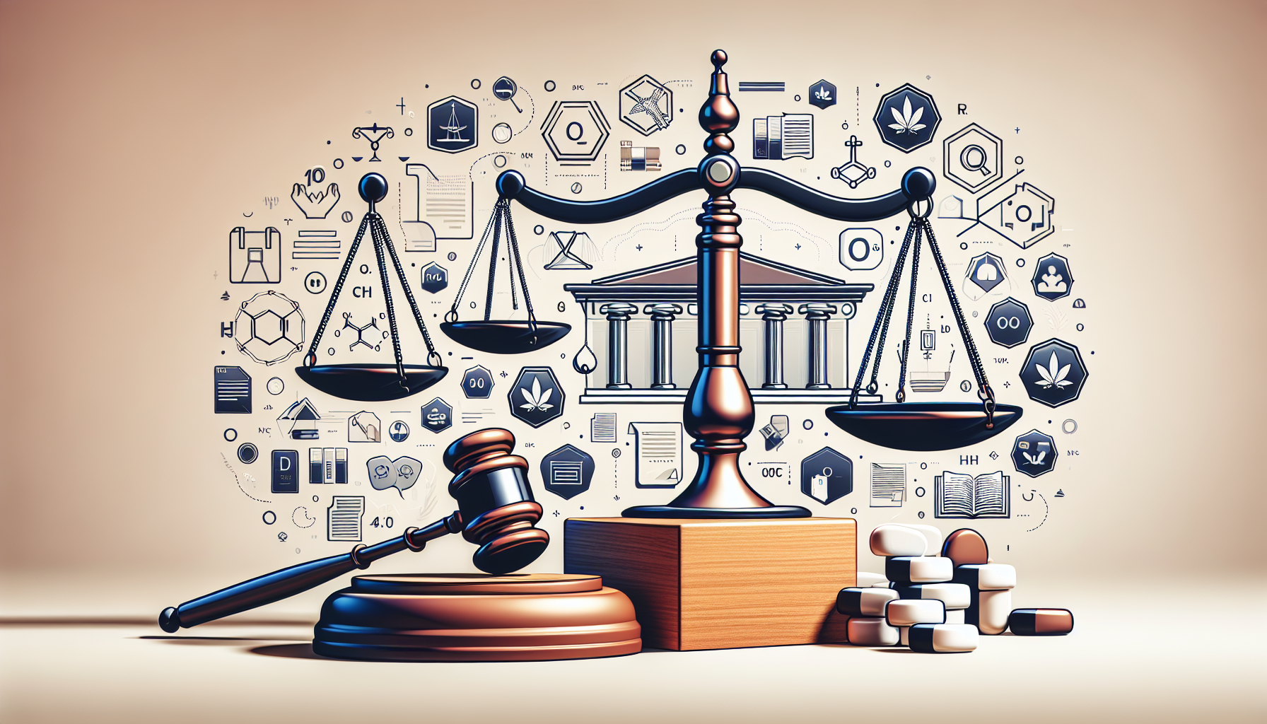 An illustration depicting the legal aspects of 10-OH-HHC, with symbols for legislation.