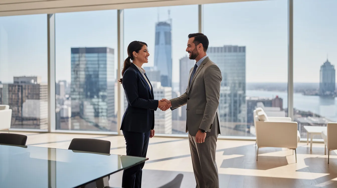 In a bright modern office with a panoramic city view, two professionals are shaking hands, symbolizing collaboration and partnership in instructional design services. This image reflects the importance of teamwork in developing effective online learning experiences and training programs that meet organizational goals. In a bright modern office with a panoramic city view, two professionals are shaking hands, symbolizing collaboration and partnership in instructional design services. This image reflects the importance of teamwork in developing effective online learning experiences and training programs that meet organizational goals.